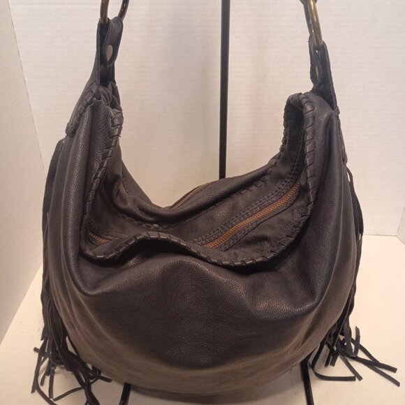PATRICIA NASH "Vincenzo" Dark Navy Leather Super Slouchy Big Hobo Bag w Fringe - Picture 7 of 15